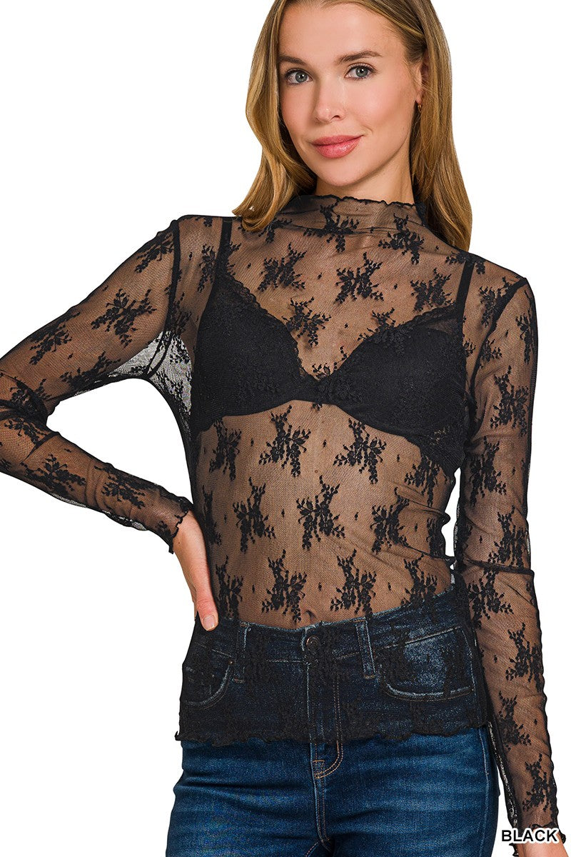 Lace See-through Layering Top - Black