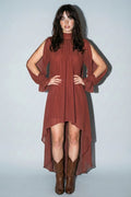 High-Low Halter Mock Neck Maxi Dress -  RED BROWN