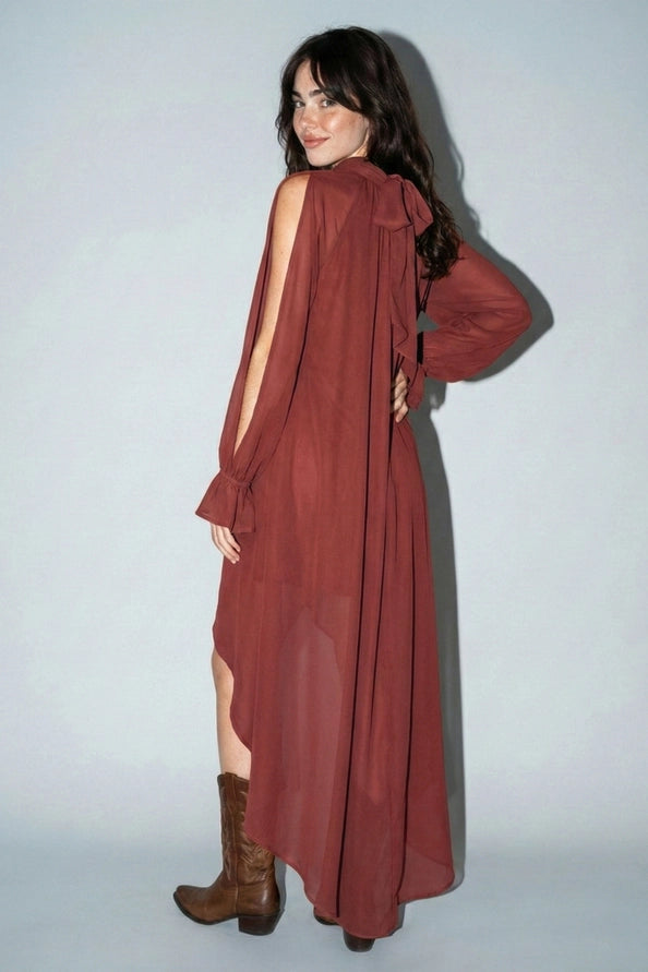 High-Low Halter Mock Neck Maxi Dress -  RED BROWN