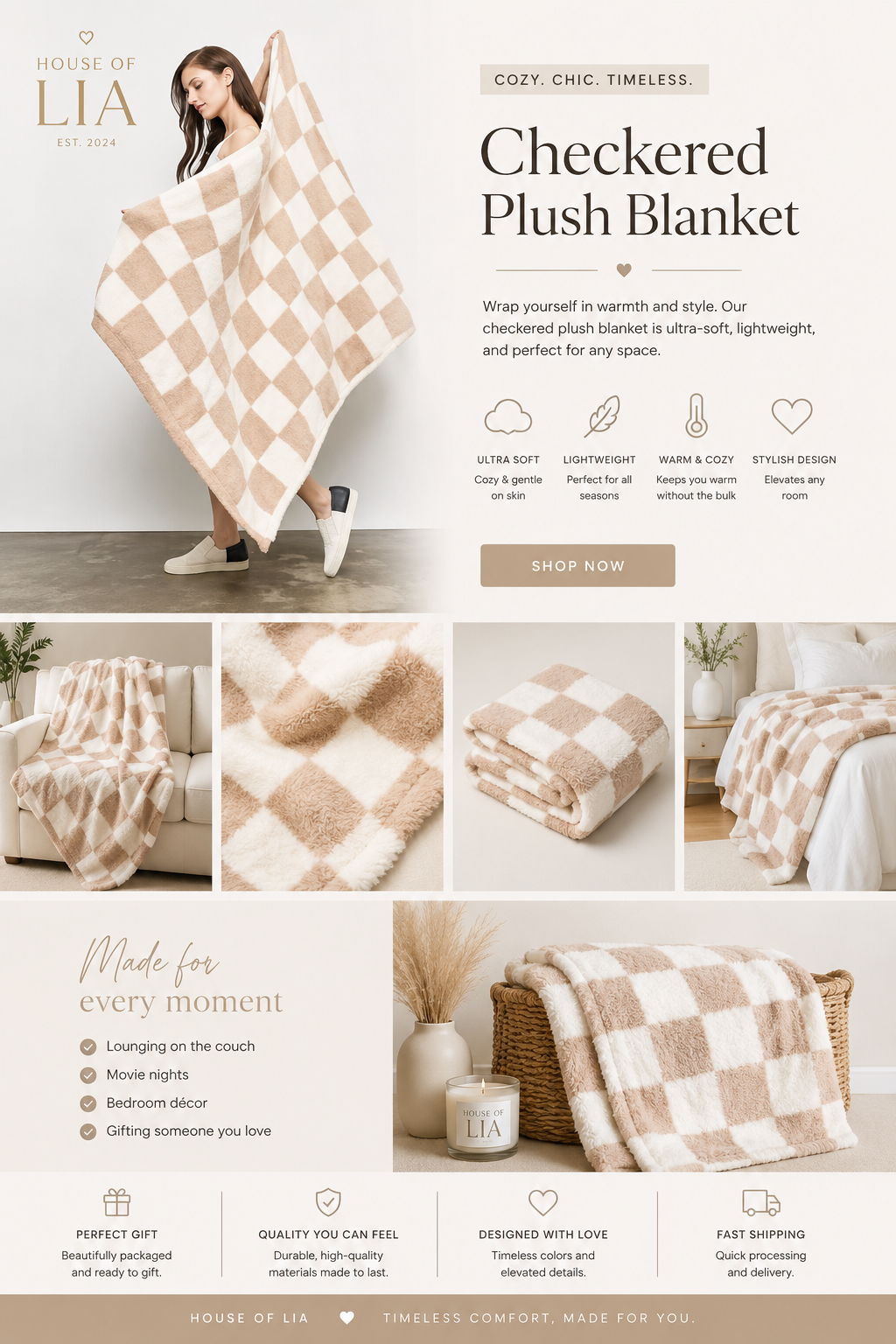 Checkered plush blanket being used by a person in a living room setting with product images and text on a white background.